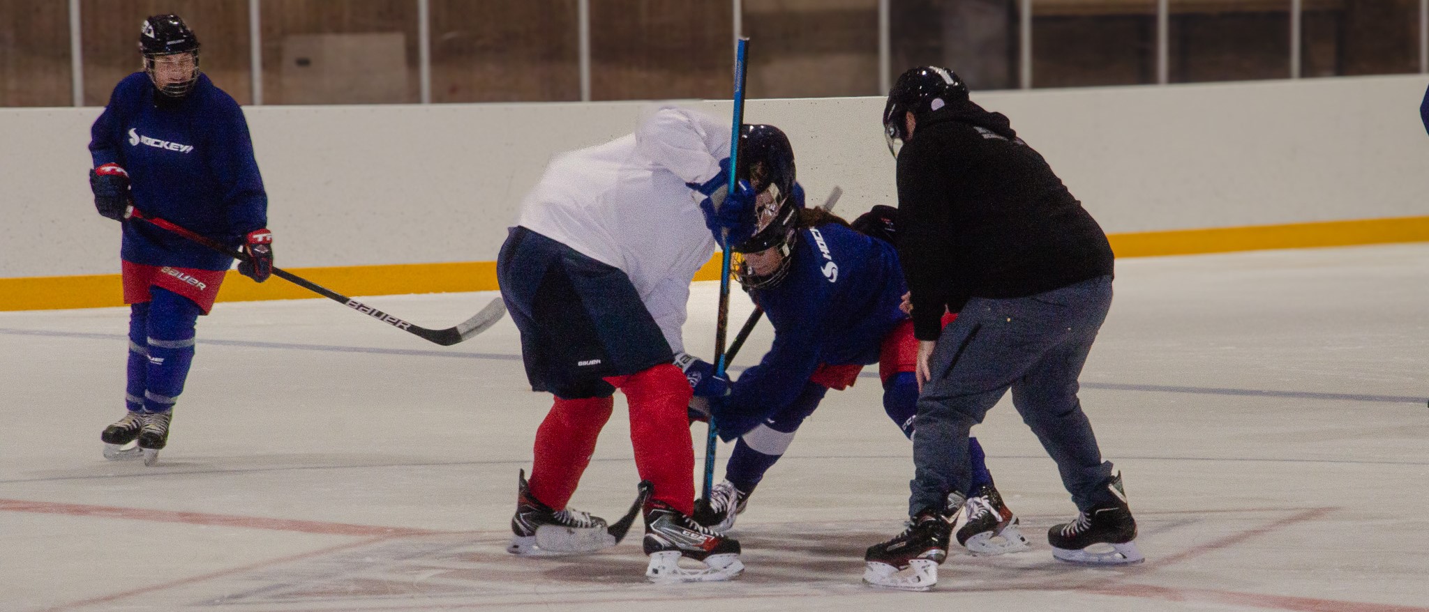 Tre hockeyspelare och en -domare på is. Två av spelarna tekar