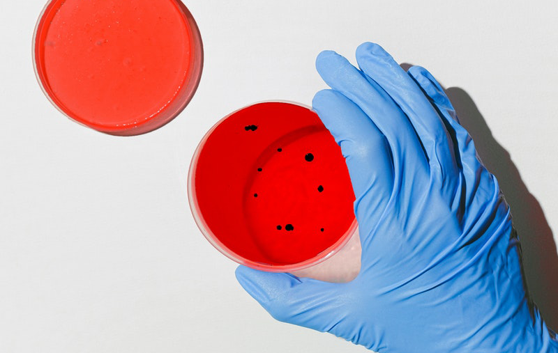 Foto: I labbet, En hand med blå handske håller i röd burk