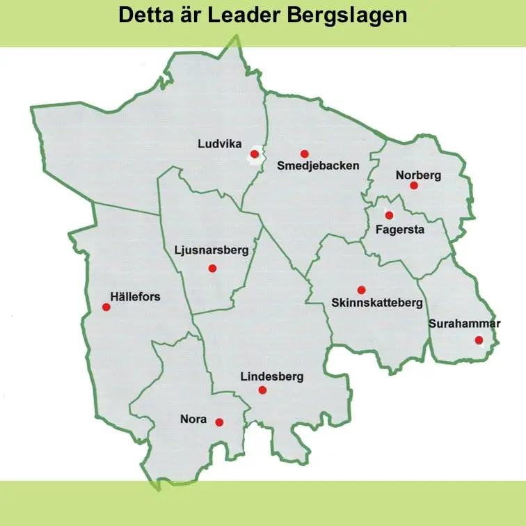 Karta över kommunerna som ingår i Leader Bergslagen